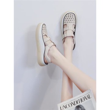 真皮鏤空牛筋底涼鞋女2024年新款夏季厚底透氣洞洞鞋軟底時尚百搭