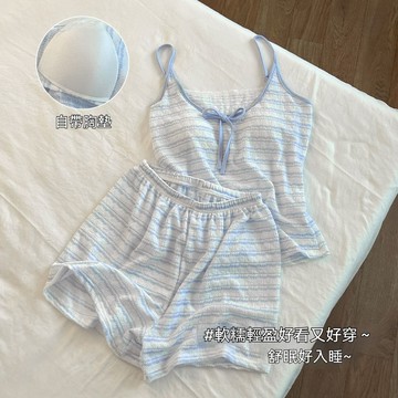 ✨精選好物✨甜美條紋蕾絲睡衣女夏季新款帶胸墊吊帶背心短褲家居服套裝 帶胸墊 居家服 夏季家居服 帶胸墊睡衣 睡衣套裝