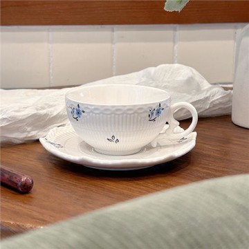 法式蕾絲陶瓷杯碟藍色碎花下午茶杯碟套裝拿鐵杯高級感牛奶杯