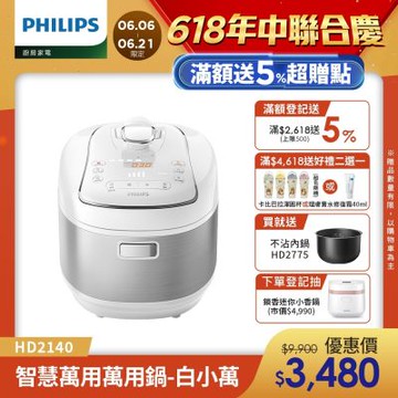 【Philips 飛利浦】智慧萬用電子鍋/壓力鍋/萬用鍋 HD2140_白小萬
