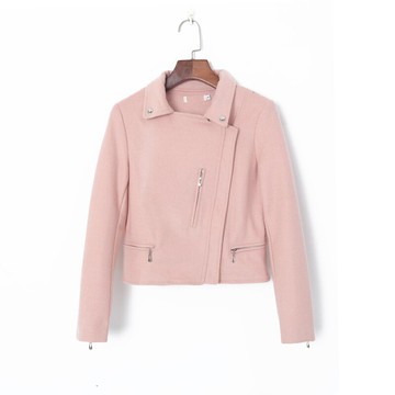 春季女裝時尚韓版氣質翻領斜拉鏈雙口袋修身顯瘦短款毛呢外套