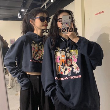 秋裝日系卡通印花情侶長短款連帽衛衣女百搭寬松學生上衣外套1入