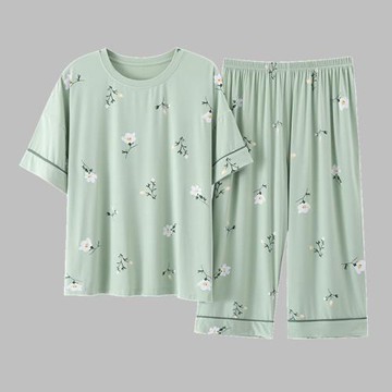 睡衣女夏季莫代爾短袖七分褲薄款加肥大碼200斤中年媽媽家居服5XL