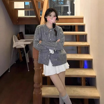 灰色蝴蝶結毛衣女秋冬氣質高級感軟糯馬海毛針織開衫小香風外套潮鑫弘-素時衣櫥