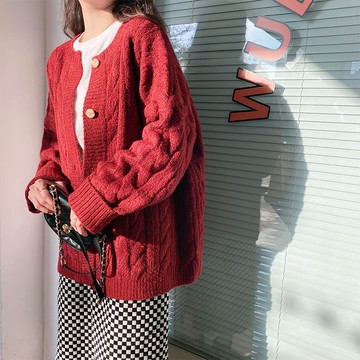 針織開衫寬版毛衣慵懶風韓版外套女紅色春秋款內搭女上衣【聚寶屋】【淘夢屋】