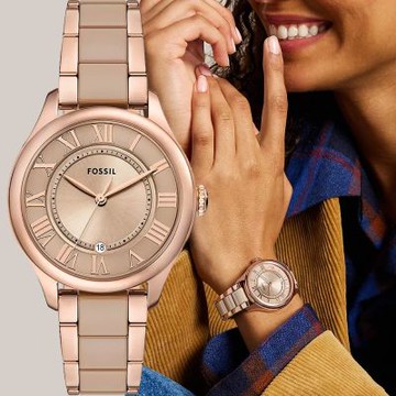 FOSSIL Gilmore 大三針日期陶瓷女錶 新春開運 送禮首選-咖啡x玫瑰金/38mm CE1133