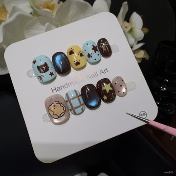 ➕最新設計款穿戴甲💅【萌寵星格】童趣萌係貓咪小熊美甲手工星星格紋波點爪印穿戴甲短方圓穿戴甲 CCTY