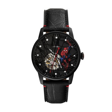 Marvel x Fossil 聯名蜘蛛人蜘蛛感應紀念機械錶 黑紅色真皮錶帶 42MM LE1247SET