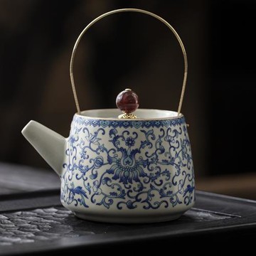 汝窯提梁壺復古大容量功夫茶具青花茶壺泡茶家用陶瓷茶水壺泡茶壺