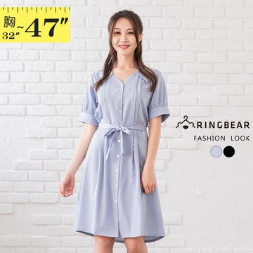優雅赫本風素色款襯衫領排釦腰間綁帶短袖洋裝-(黑.藍M-3L) 眼圈熊 中大尺碼 D603