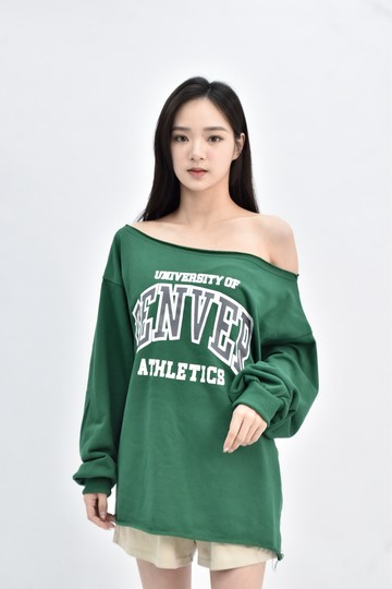 (2XL) 印花斜肩綠色長袖上衣
