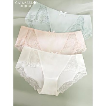 歌瑞爾新款蕾絲裸感3條裝內褲女輕薄透氣親膚舒適純棉襠中腰底褲