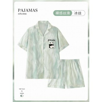 可外穿薄荷綠睡衣男夏冰絲短袖短褲仿真絲綢薄款涼感青少年家居服