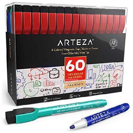 ARTEZA Magnetic Dry Erase Markers with Eraser, Pack of 60 (with Fine Tip), Assorted Colors with Low-Odor Ink, Whiteboard Pens is perfect for School,