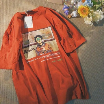 桔紅色短袖t恤男女情侶復古潮牌寬鬆印花百搭上衣港風ins學生體恤