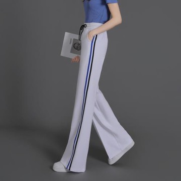 闊腿運動褲女2024春秋新款高腰顯瘦大碼窄版條紋垂感微喇廣場舞褲