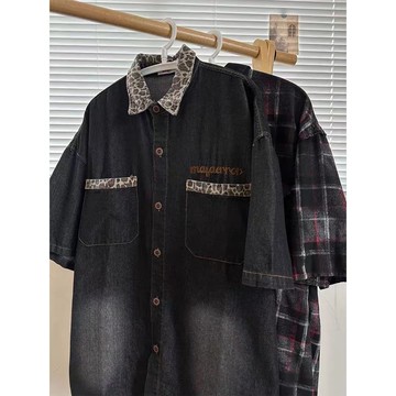 短牛仔襯衫 S-2XL 黑色夏季美式復古寬鬆潮牌牛仔拼接領短袖襯衫上衣