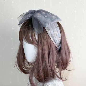 灰/ 夢幻格紋刺繡雪紗珍珠鬆緊帶髮帶 領巾