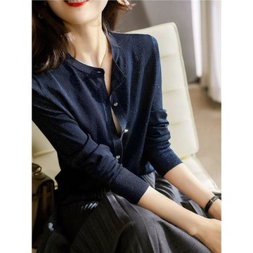 亮絲針織衫女2025新款早秋復古閃光絲羊毛外搭開衫藏藍色外套毛衣