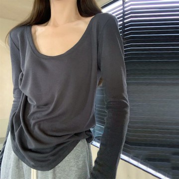慵懶上衣設計感韓版u領打底衫內搭秋冬新款修身顯瘦純色長袖t恤女