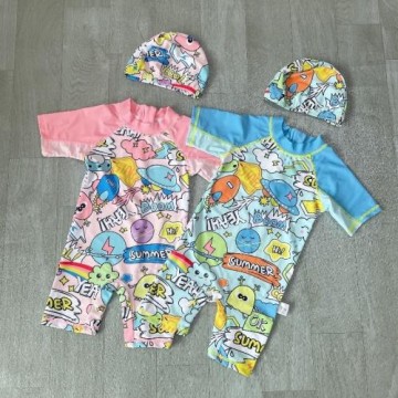 Amber 新款男女童沖浪服連體游泳衣兒童泳衣短袖平角速干溫泉泳裝