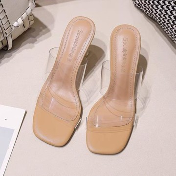 艾菲詩夏季新款粗跟涼鞋女中跟一字帶透明高跟鞋女性感百搭涼拖鞋