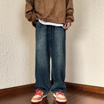 Ins日系街頭港風復古闊腿褲休閑百搭直筒水洗百搭牛仔老爹褲男女