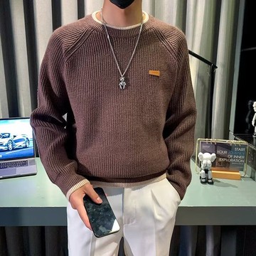 秋冬季美式復古圓領套頭保暖毛衣男 重磅寬鬆休閒針織衫上衣潮