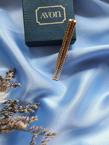 美國西洋古董飾品 / AVON金色長條斜刷紋領帶夾 / 男士珠寶