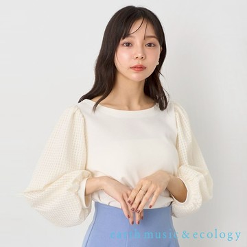earth music&ecology 透明格紋袖拼接圓領上衣(1N52L1C0100)
