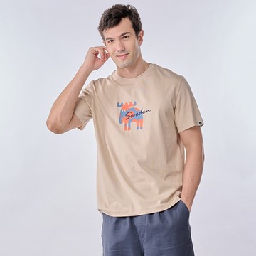 moz瑞典 拚色駝鹿 舒適柔棉 100%純棉短T-奶茶(亞洲版)男款