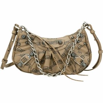 BALENCIAGA Le Cagole 字母老花塗層帆布迷你可頌包(灰棕色/雙背帶)