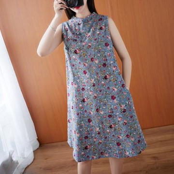 復古盤扣中式改良旗袍裙顯瘦洋氣碎花棉麻背心連衣裙子夏大碼胖mm