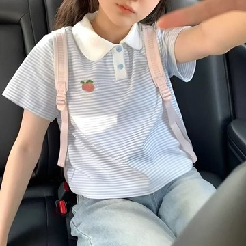Healthy baby 女童短袖POLO衫夏季新款原創甜妹風T恤條紋寬鬆甜美短款上衣 女童短袖  女童POLO領短袖