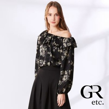 【GLORY21】網路獨賣款-etc.荷葉領口花卉印花造型上衣-黑色