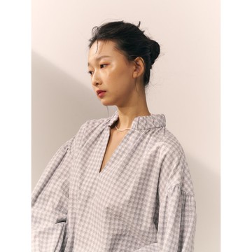 落肩澎袖腰帶上衣 /小灰格