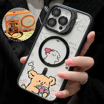 深情獻花狗 金屬鏡頭隱形支架 磁吸防摔殼 iPhone 17 15 14 13 12 11 Pro Max 保護殼