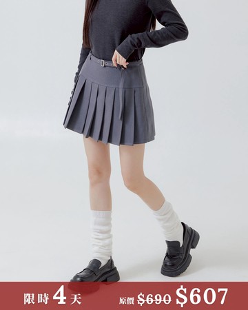 剪接低要設計附腰帶百褶短裙 兩色售 S/M/L
