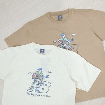 【Sharkhead】現貨 New Balance 男款 Q版 插畫 上衣 印花 吉他 T恤 NB 短T 素T 全白 咖