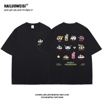 像素風蠟筆小新情侶短袖t恤黑色潮流美式寬松夏季純棉半袖男