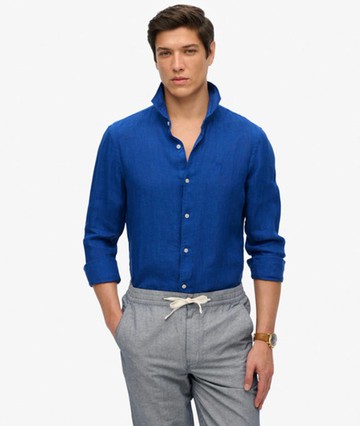 Superdry Men's Embroidered Vacation Linen Shirt Blue Size: L