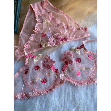 超薄文胸套裝性感透明透視刺繡超薄杯大胸網紗薄款內衣大胸顯小芬