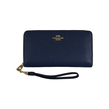 COACH湛藍色荔枝紋皮革手掛拉鍊長夾