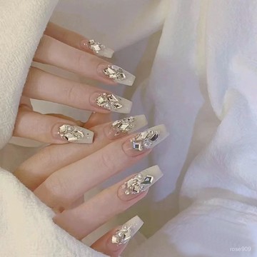 ➕最新設計款穿戴甲💅高級感夏季手工穿戴甲片乳白色法式滿鑽美甲貼片可拆卸輕奢假指甲中梯穿戴甲 ZNT9