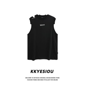 KKyesiou美式潮牌假兩件破洞坎肩背心男女oversize運動ins情侶T恤