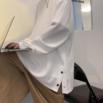 白色t恤男長袖春秋潮流簡約套頭打底衫開叉排扣上衣休閑寬松體恤