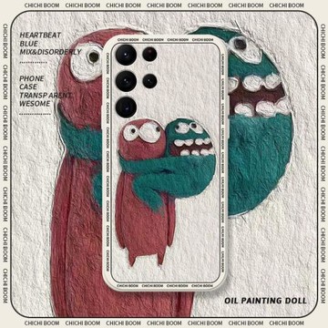 油畫娃娃適用三星s21+手機殼s22ultra全包防摔s22卡通可愛s21ultra液態硅膠s21fe情侶搞怪保護套s22+高級網紅