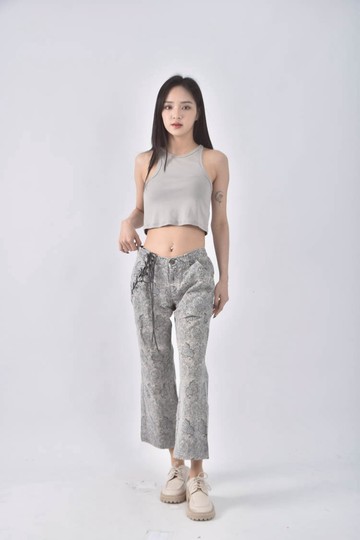 (L) gomme丹寧牛仔綁帶造型灰色長褲