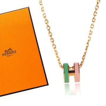 HERMES Mini Pop H 經典迷你LOGO雙色項鍊鎖骨鍊-綠色/淺粉紅
