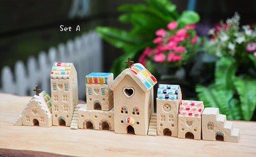 歐洲彩繪糖果小屋11件組/AB兩款-糖果教堂x1+小房子x7+迷你樓梯x3